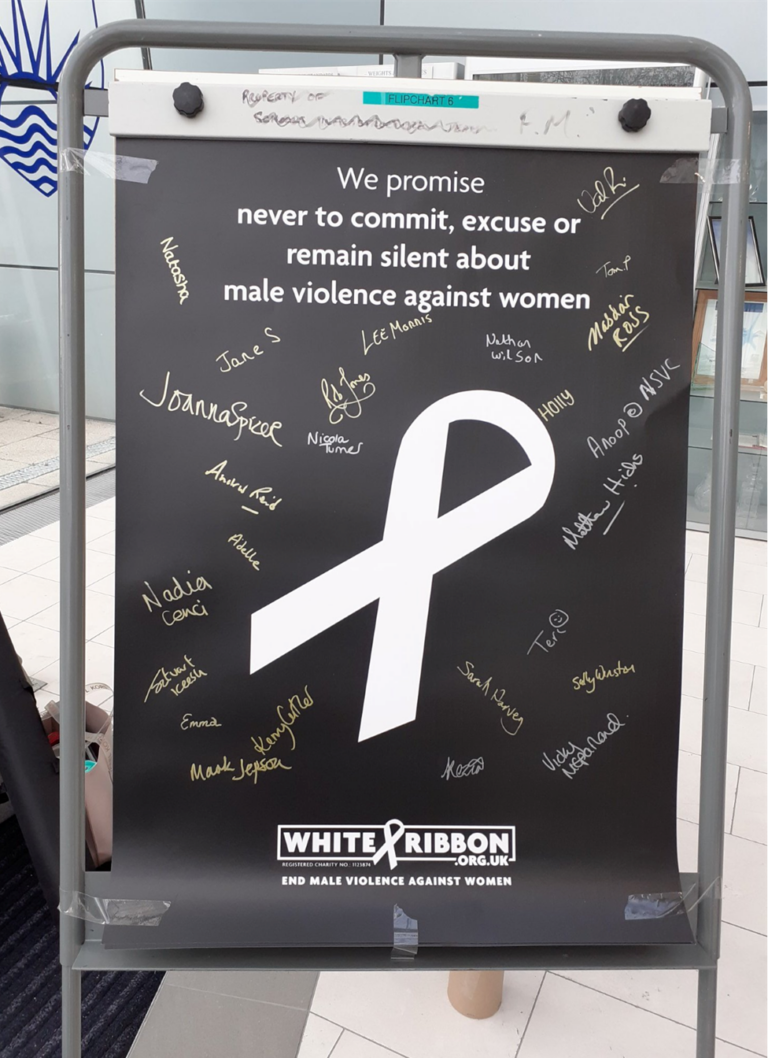 White ribbon day pledge signed by a number of Suffolk organisations related to Domestic Abuse support